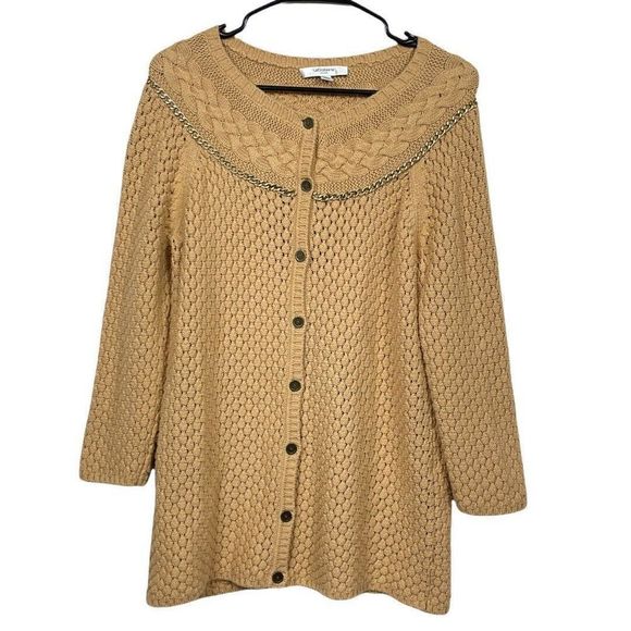 Liz Claiborne Size Small Tan Button Front Heavy Cable Knit Cardigan Chain Detail - Picture 1 of 4